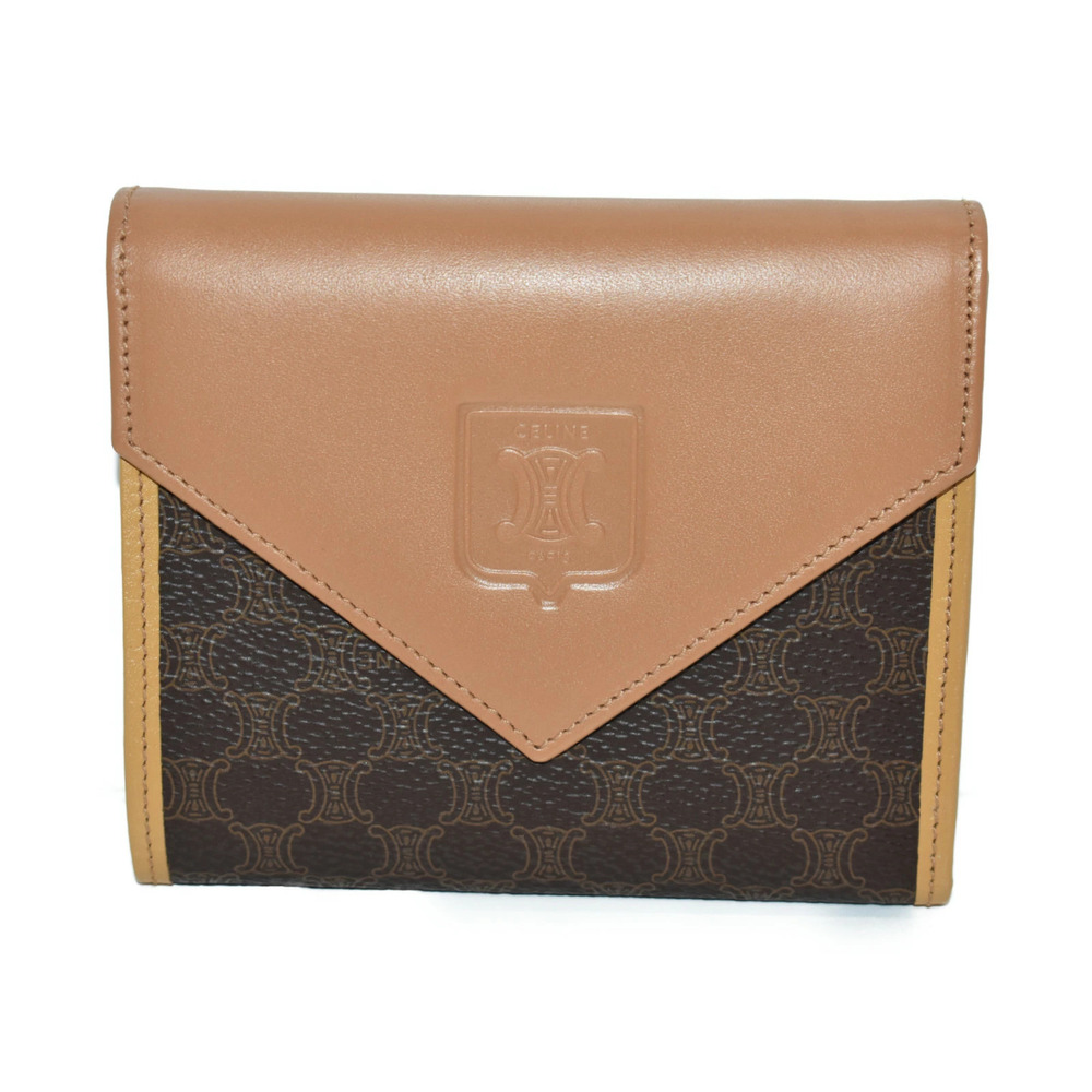 CELINETri fold wallet beige brown leather folding Macadam retro